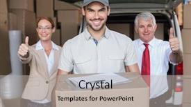  Presentation with managers - Amazing PPT layouts having warehouse managers and delivery driver smiling at camera in a large warehouse backdrop and a mint green colored foreground