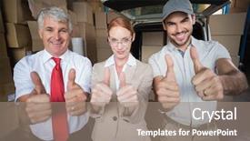  Presentation with managers - Cool new PPT theme with warehouse managers and delivery driver smiling at camera in a large warehouse backdrop and a gray colored foreground