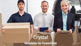  Presentation with managers - Slide set with warehouse managers and delivery driver smiling at camera in a large warehouse background and a coral colored foreground