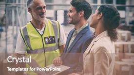  Presentation with managers - Cool new slide deck with warehouse managers and worker discussing backdrop and a coral colored foreground
