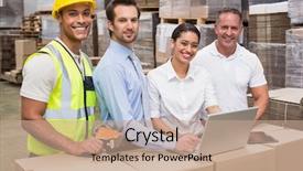  Presentation with managers - Colorful PPT layouts enhanced with warehouse managers and worker looking backdrop and a coral colored foreground