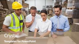  Presentation with data warehouse cubes - Beautiful slides featuring warehouse managers and worker looking backdrop and a coral colored foreground