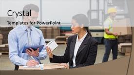  Presentation with managers - Presentation having warehouse managers holding box and looking at tablet pc in a large warehouse background and a light gray colored foreground