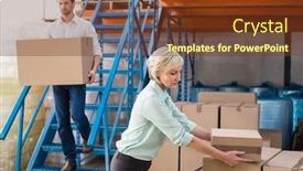  Presentation with managers - Cool new presentation theme with warehouse managers loading a trolley in a large warehouse backdrop and a tawny brown colored foreground