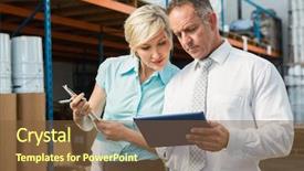  Presentation with managers - Audience pleasing presentation consisting of warehouse managers looking at tablet pc in a large warehouse backdrop and a tawny brown colored foreground