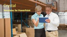  Presentation with managers - Amazing presentation theme having warehouse managers looking at tablet pc in a large warehouse backdrop and a tawny brown colored foreground