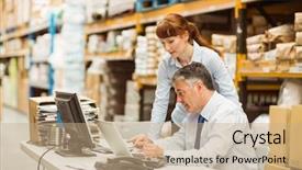  Presentation with managers - Slides featuring warehouse managers working together background and a coral colored foreground