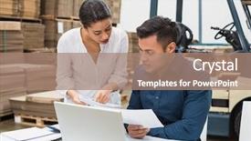  Presentation with large warehouse logistic or distribution - Colorful slide deck enhanced with warehouse managers working with laptop backdrop and a coral colored foreground