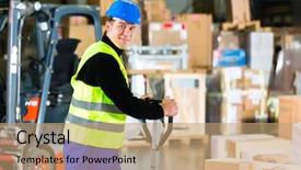  Presentation with forklift - Colorful slide set enhanced with warehouse of freight forwarding backdrop and a coral colored foreground