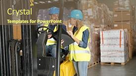  Presentation with warehouse - Slide deck enhanced with warehouse-operator-driving-cart-manager background and a violet colored foreground