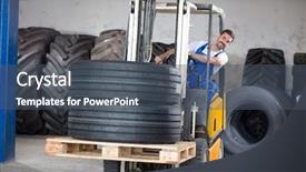  Presentation with forklift - Beautiful PPT theme featuring warehouse pallets - forklift carries sell car tires backdrop and a ocean colored foreground