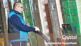  Presentation with pallet - Presentation theme having warehouse pedestrian - worker with pallet truck stacking background and a coral colored foreground