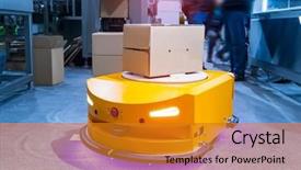  Presentation with robot - Presentation theme enhanced with warehouse robot assembly in factory background and a gold colored foreground