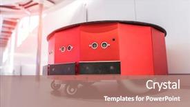  Presentation with robot - Beautiful slide deck featuring warehouse robot car assembly backdrop and a coral colored foreground