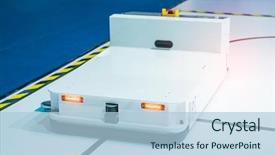  Presentation with robot - Presentation theme featuring warehouse robot car assembly background and a light blue colored foreground