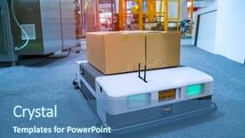  Presentation with cardboard - Slide set having warehouse robot car carries cardboard background and a ocean colored foreground