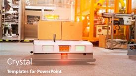  Presentation with robot - PPT theme enhanced with warehouse-robot-car-carries-cardboard background and a coral colored foreground