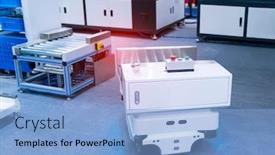  Presentation with robot - Slides featuring warehouse-robot-car-carries-cardboard background and a light blue colored foreground