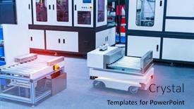  Presentation with warehouse - Cool new PPT theme with warehouse-robot-car-carries-cardboard backdrop and a light blue colored foreground