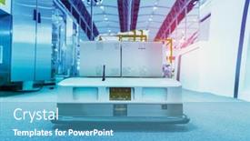  Presentation with robot - Audience pleasing PPT theme consisting of warehouse-robot-car-carries-cardboard backdrop and a teal colored foreground