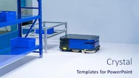  Presentation with robot - Colorful presentation theme enhanced with warehouse-robot-car-carries-cardboard backdrop and a sky blue colored foreground