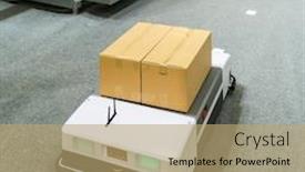  Presentation with warehouse - Cool new slide deck with warehouse-robot-car-carries-cardboard backdrop and a coral colored foreground