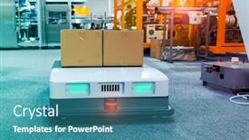  Presentation with warehouse - PPT theme enhanced with warehouse-robot-car-carries-cardboard background and a teal colored foreground