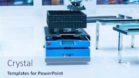  Presentation with warehouse - PPT layouts having warehouse-robot-car-carries-cardboard background and a sky blue colored foreground