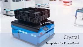  Presentation with cardboard - Amazing PPT theme having warehouse-robot-car-carries-cardboard backdrop and a light blue colored foreground