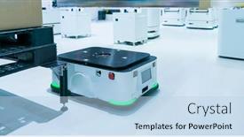  Presentation with warehouse - Presentation design consisting of warehouse-robot-car-carries-cardboard background and a light blue colored foreground