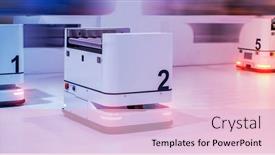  Presentation with warehouse - PPT theme with warehouse-robot-car-carries-cardboard background and a lemonade colored foreground