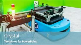  Presentation with warehouse - Slides consisting of warehouse-robot-car-carries-cardboard background and a teal colored foreground