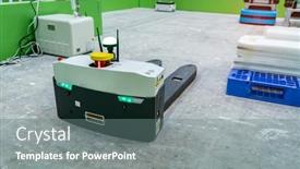  Presentation with warehouse - Slide set featuring warehouse-robot-car-carries-cardboard background and a gray colored foreground