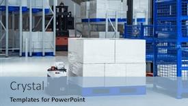  Presentation with robot - PPT theme with warehouse-robot-car-carries-cardboard background and a light blue colored foreground