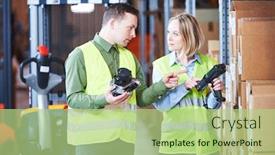  Presentation with management - Amazing slide deck having warehouse-service-and-management-system backdrop and a mint green colored foreground