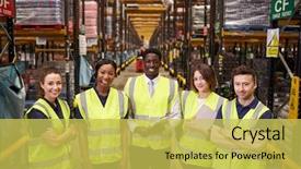  Presentation with staff - PPT layouts enhanced with warehouse staff group portrait elevated background and a yellow colored foreground