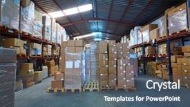  Presentation with fire disaster in a warehouse - Slide set with warehouse stograge with stacked boxes background and a ocean colored foreground