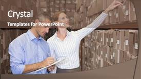  Presentation with team working together - Colorful PPT theme enhanced with warehouse team working together with clipboard in a large warehouse backdrop and a tawny brown colored foreground