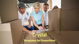  Presentation with team working together - Beautiful slides featuring warehouse team working together with clipboard in a large warehouse backdrop and a tawny brown colored foreground