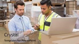  Presentation with working together - Audience pleasing presentation consisting of warehouse worker and manager working backdrop and a coral colored foreground