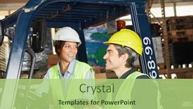  Presentation with forklift - Audience pleasing theme consisting of warehouse-worker-and-woman backdrop and a mint green colored foreground