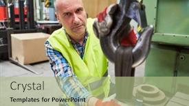  Presentation with crane hook - Presentation theme having warehouse-worker-attaches-a-load background and a mint green colored foreground