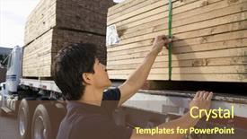  Presentation with loading - Cool new PPT theme with warehouse worker loading wooden planks on truck carrier backdrop and a tawny brown colored foreground