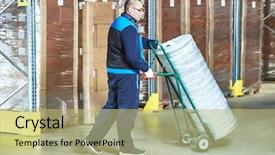  Presentation with warehouse - Amazing PPT theme having warehouse worker man with delivery backdrop and a yellow colored foreground