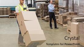  Presentation with warehouse - PPT theme enhanced with warehouse worker moving boxes background and a coral colored foreground