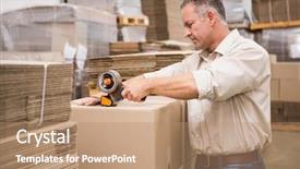  Presentation with data warehouse cubes - Slides featuring warehouse worker preparing a shipment background and a  colored foreground