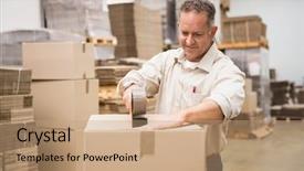  Presentation with warehouse - Amazing PPT theme having warehouse worker preparing a shipment backdrop and a  colored foreground