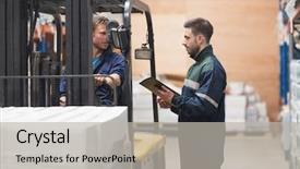  Presentation with forklift - PPT theme consisting of warehouse worker talking with forklift background and a light gray colored foreground