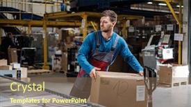  Presentation with warehouse - Cool new slide deck with warehouse worker working on a conveyor line backdrop and a violet colored foreground