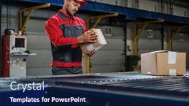  Presentation with warehouse - Audience pleasing presentation design consisting of warehouse worker working on a conveyor line backdrop and a navy blue colored foreground